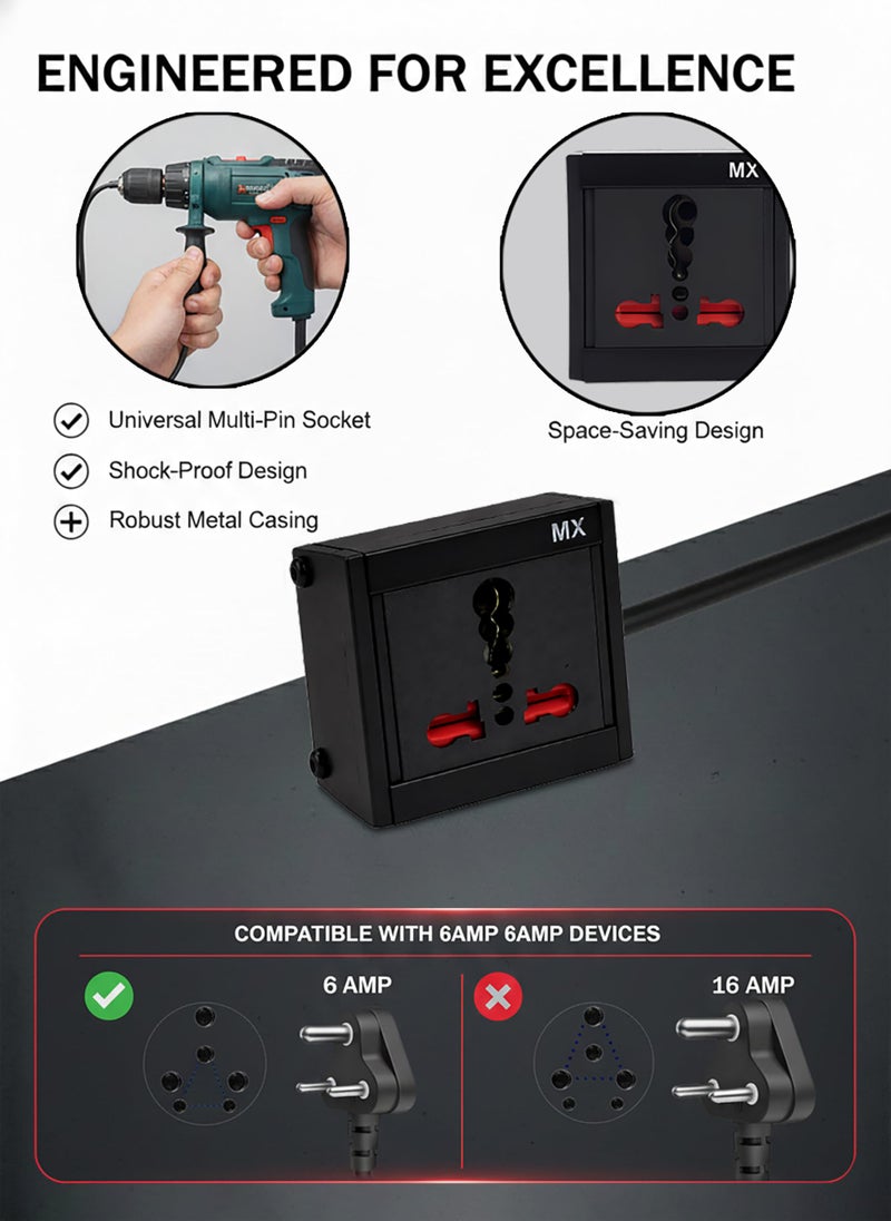 MX 3 pin Extension Cord Single Socket Heavy Duty Long Extension Power Cord 3 Meter 1800W 6a to 16a Converter Plug (0.75 Sq.mm ISI Marked) Safety Shutter 6 amp to 16 amp Extension Board - Image 4