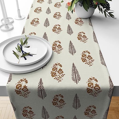 Astitva Cotton Table Runner – 13 x 72 Inches | Off White, Leafy Floral Print Dining Table Cloth | Elegant 6–8 Seater Runner for Home & Party Decoration - Image 1