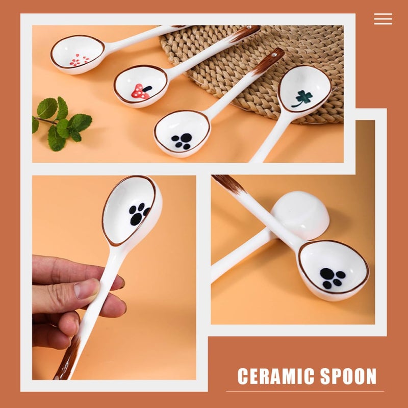 Japanese Style Hand Painted Ceramic Soup Spoons Set 4 Pieces Long Handle - Image 5