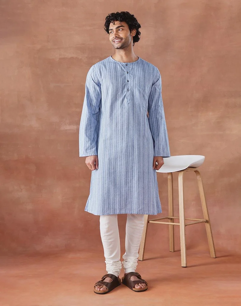 Fabindia Blue Cotton Stripe Long Kurta