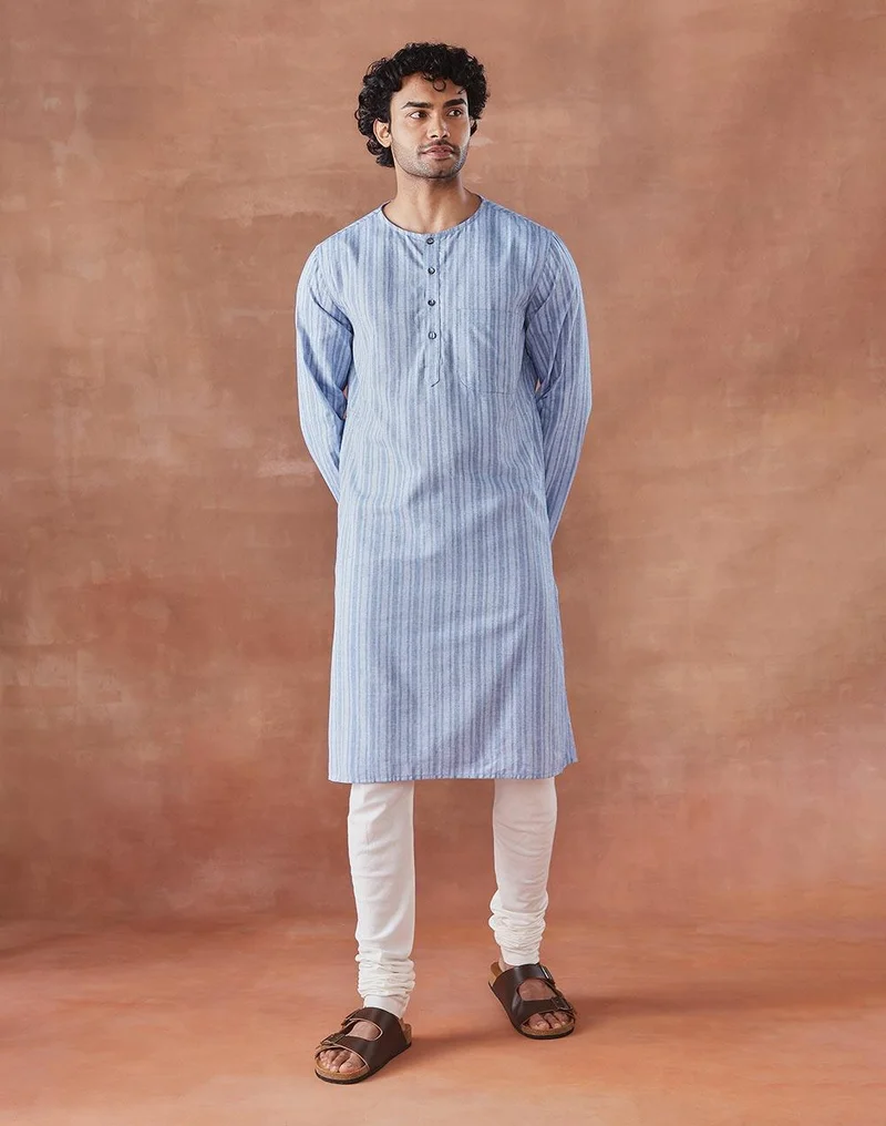 Fabindia Blue Cotton Stripe Long Kurta