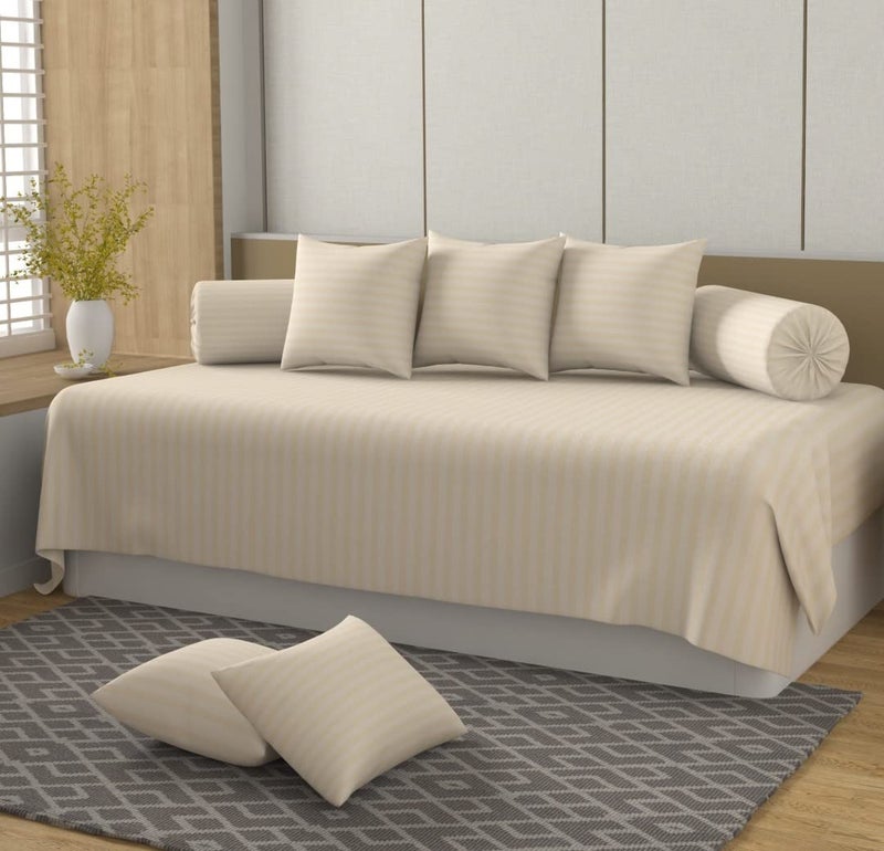 Castiqa Satin Fabric Stripes Patter Diwan Blend Set of 8 Pcs One Single Bed Sheet with 5 Cushions Covers and 2 Bolster Covers (Cream) - Image 1