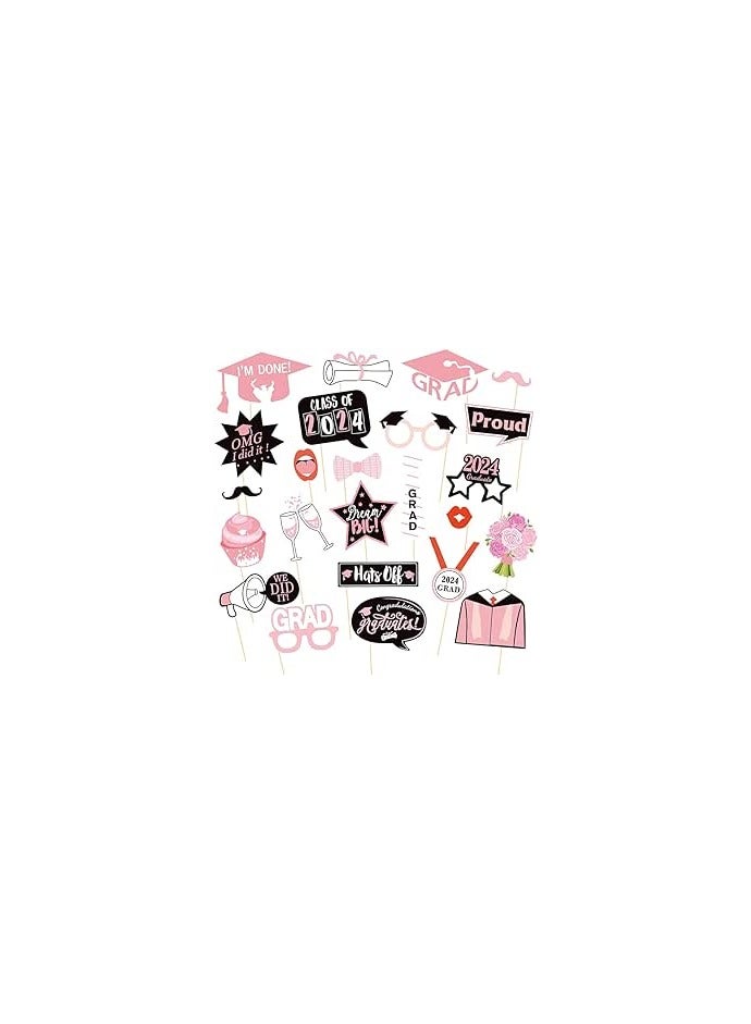 Pink Graduation Photo Booth Props Set - Pack of 24, Graduation Picture Props, Graduation Decorations Class of 2024, Grad Photo Booth Props 2024 - Image 1