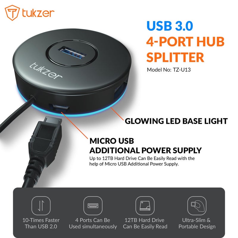 tuKZer 4-Ports USB A to USB 3.0 HUB with High-Speed Data Transfer & Fast Charging| Compatible for MacBook, Mac Mini, iMac Pro, Microsoft Surface, UltraBooks, Laptops, Notebooks & Desktops (Black) - Image 2