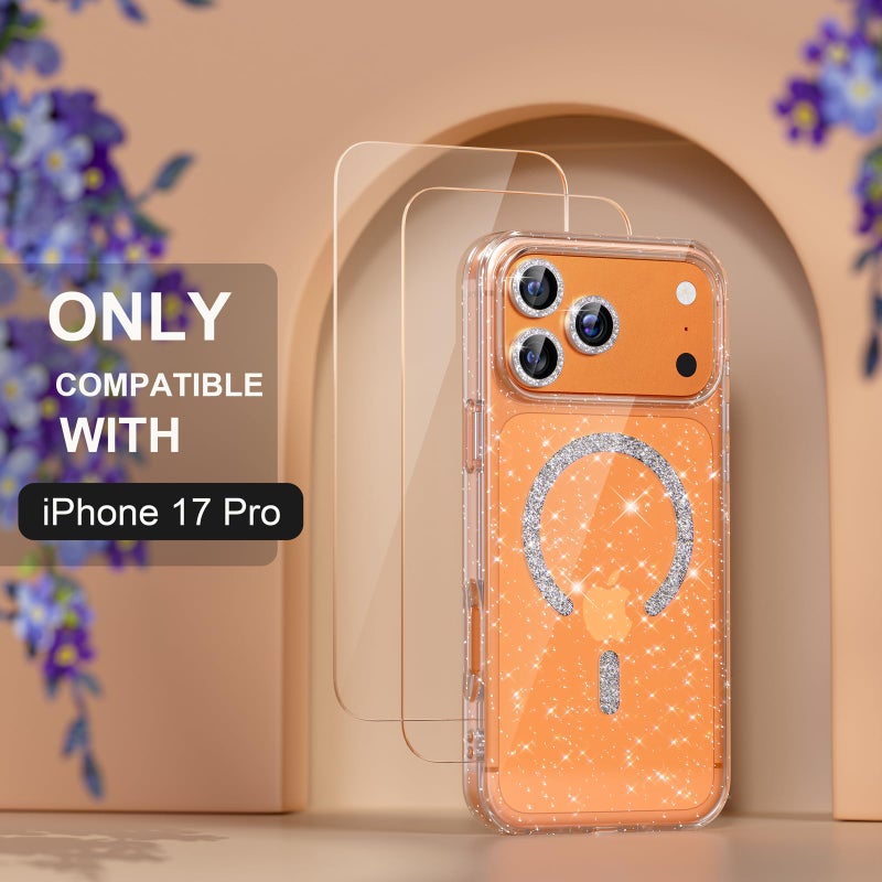 Choiche Magnetic for iPhone 17 Pro Case Women Phone Case, Compatible with Mag-Safe, Cute Bling Sparkly, Military Grade Drop Protection, with Diamond Camera Lens Covers, 6.3-inch, Glitter Clear - Image 2