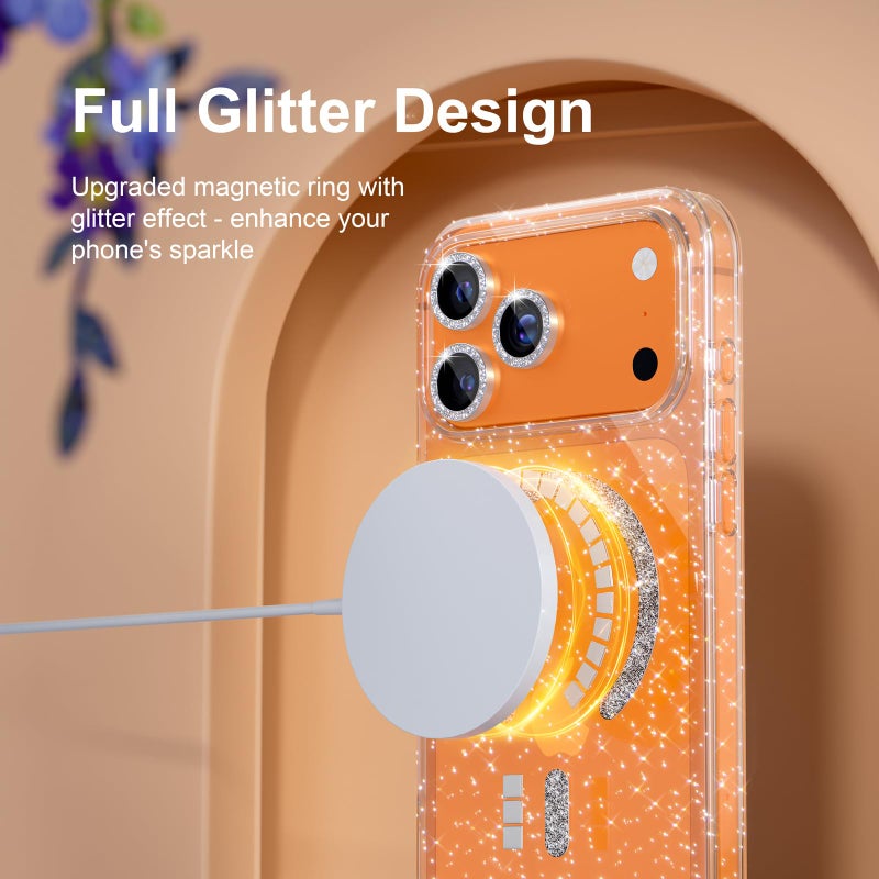 Choiche Magnetic for iPhone 17 Pro Case Women Phone Case, Compatible with Mag-Safe, Cute Bling Sparkly, Military Grade Drop Protection, with Diamond Camera Lens Covers, 6.3-inch, Glitter Clear - Image 5