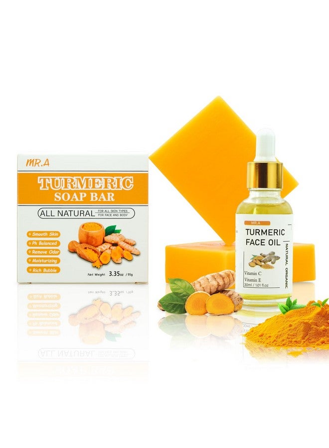 Mr.A طقم صابون الكركم 2 قطعة وزيت الكركم للوجه والجسم بمكونات طبيعية مع فيتامين C لتنظيف وترطيب وتهدئة البشرة طقم العناية بالبشرة بالكركم لجميع أنواع البشرة - Image 1