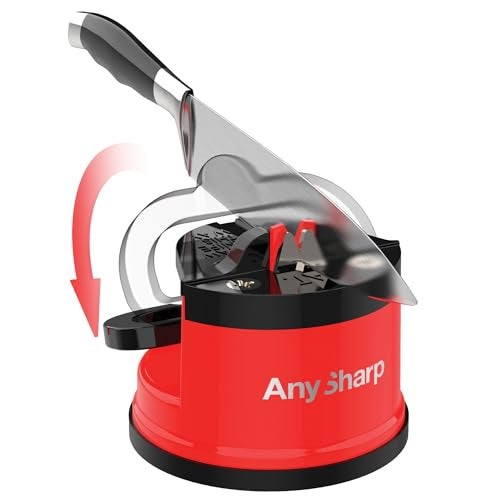 AnySharp – Global – Hands Free Knife Sharpener - Easy to Use Sharpening Tool with PowerGrip Suction Base and 20-Degree Pre-Set Angle - for All Knives: Chef's, Serrated, and Hardened Steel - Red - Image 2