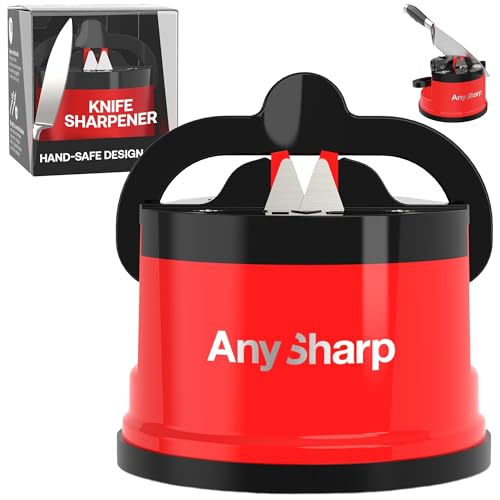 AnySharp – Global – Hands Free Knife Sharpener - Easy to Use Sharpening Tool with PowerGrip Suction Base and 20-Degree Pre-Set Angle - for All Knives: Chef's, Serrated, and Hardened Steel - Red - Image 1