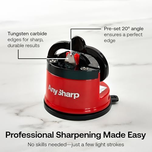 AnySharp – Global – Hands Free Knife Sharpener - Easy to Use Sharpening Tool with PowerGrip Suction Base and 20-Degree Pre-Set Angle - for All Knives: Chef's, Serrated, and Hardened Steel - Red - Image 3