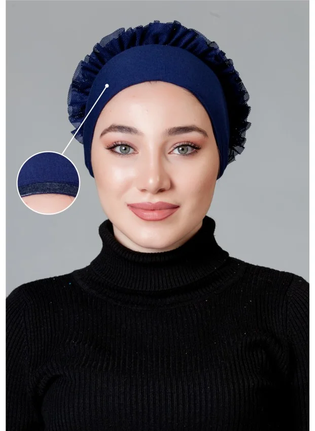 Nanak Navy Blue Lycra Frilly Non-Slip Bonnet