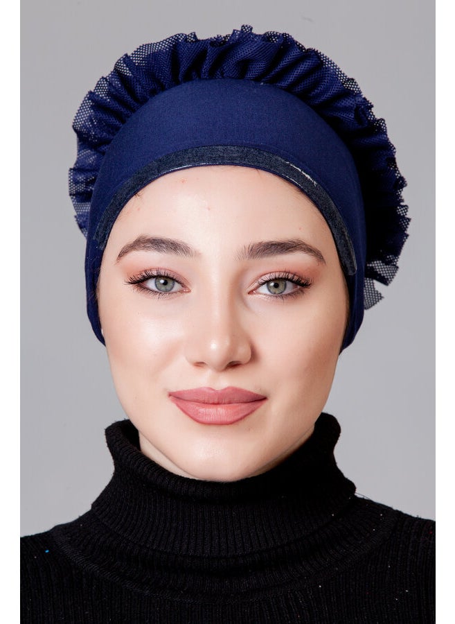 Nanak Navy Blue Lycra Frilly Non-Slip Bonnet  - Image 5
