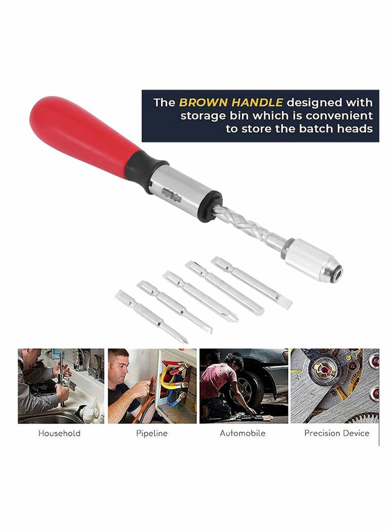 Y&D - Spiral Screw Driver, 260MM Hand Pressing Ratchet Screwdriver with 5 Pcs Bits Set, Push Pull - Image 1