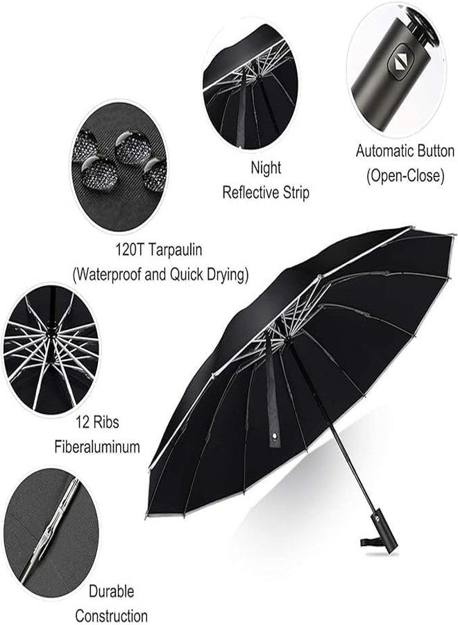 PROSFIAFolding Reverse Umbrella, Windproof Strong, Automatic Open and Close, Anti-UV, Compact, Portable Travel Umbrella with Reflective Stripes for Rain and Sun, Standard, Black - Image 3