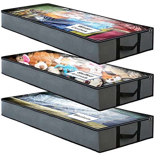 NestNeatly حقائب تخزين تحت السرير سمارت كيوب - 3 عبوات كبيرة 39" x 18" x 6" حاويات رمادية مع مقابض معززة، منظم تخزين قابل للطي تحت السرير للملابس، البطانيات والأحذية - Image 1