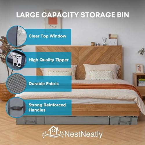 NestNeatly حقائب تخزين تحت السرير سمارت كيوب - 3 عبوات كبيرة 39" x 18" x 6" حاويات رمادية مع مقابض معززة، منظم تخزين قابل للطي تحت السرير للملابس، البطانيات والأحذية - Image 5