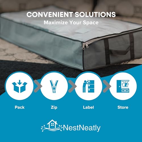 NestNeatly حقائب تخزين تحت السرير سمارت كيوب - 3 عبوات كبيرة 39" x 18" x 6" حاويات رمادية مع مقابض معززة، منظم تخزين قابل للطي تحت السرير للملابس، البطانيات والأحذية - Image 3