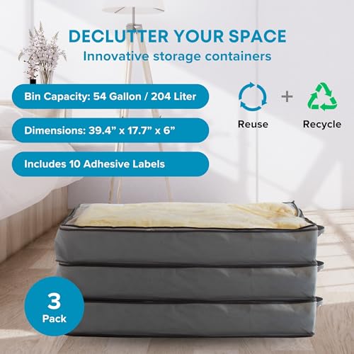 NestNeatly حقائب تخزين تحت السرير سمارت كيوب - 3 عبوات كبيرة 39" x 18" x 6" حاويات رمادية مع مقابض معززة، منظم تخزين قابل للطي تحت السرير للملابس، البطانيات والأحذية - Image 2