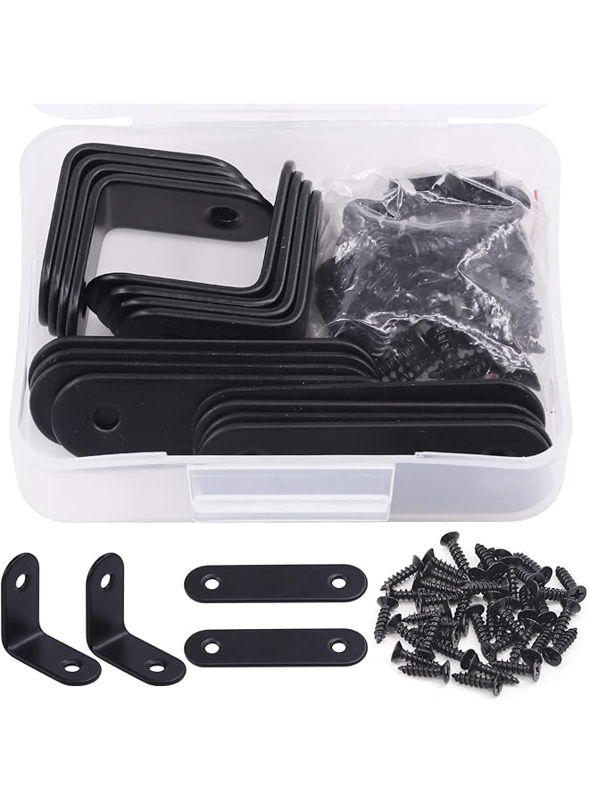 PROMASS promass 16 Sets Black Corner Brace Kit, Straight Plates Brackets & Stainless Steel L Brackets Right Angle Bracket Fastener for Wood Chair Bookshelf Board Furniture Brackets (30 × 30 × 2MM)  - Image 1
