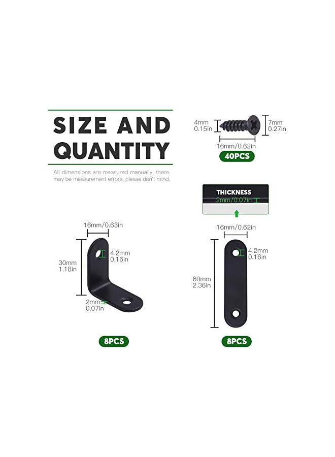 PROMASS promass 16 Sets Black Corner Brace Kit, Straight Plates Brackets & Stainless Steel L Brackets Right Angle Bracket Fastener for Wood Chair Bookshelf Board Furniture Brackets (30 × 30 × 2MM)  - Image 2