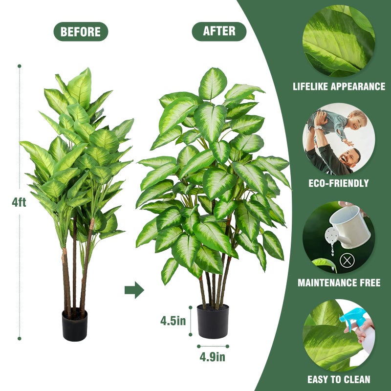FLOWORLD Artificial Golden Dieffenbachia 4ft Tall Artificial Plants Indoor Decorative Silk Plants Potted Faux Tropical Tree Lifelike House Floor Large Fake Tree for Home Living Room - Image 3