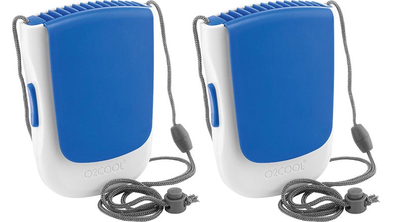 O2COOL Deluxe Necklace Fan  Battery Powered HandsFree Personal Cooling Fan wAdjustable Lanyard Table Top Stand  Wearable Clip  Dark Blue 2 Pack