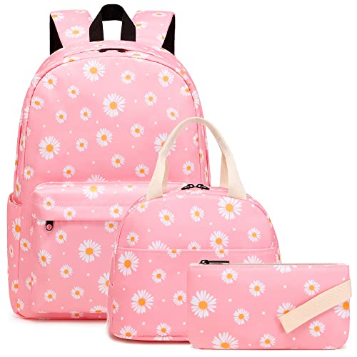 Kouxunt Daisy Girls School Backpacks for Kids Teens 3in1 School Bag Bookbags Set with Lunch Bag Pencil Case Pink - Image 1