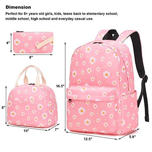 Kouxunt Daisy Girls School Backpacks for Kids Teens 3in1 School Bag Bookbags Set with Lunch Bag Pencil Case Pink - Image 3