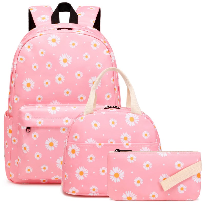 Kouxunt Daisy Girls School Backpacks for Kids Teens 3in1 School Bag Bookbags Set with Lunch Bag Pencil Case Pink - Image 2