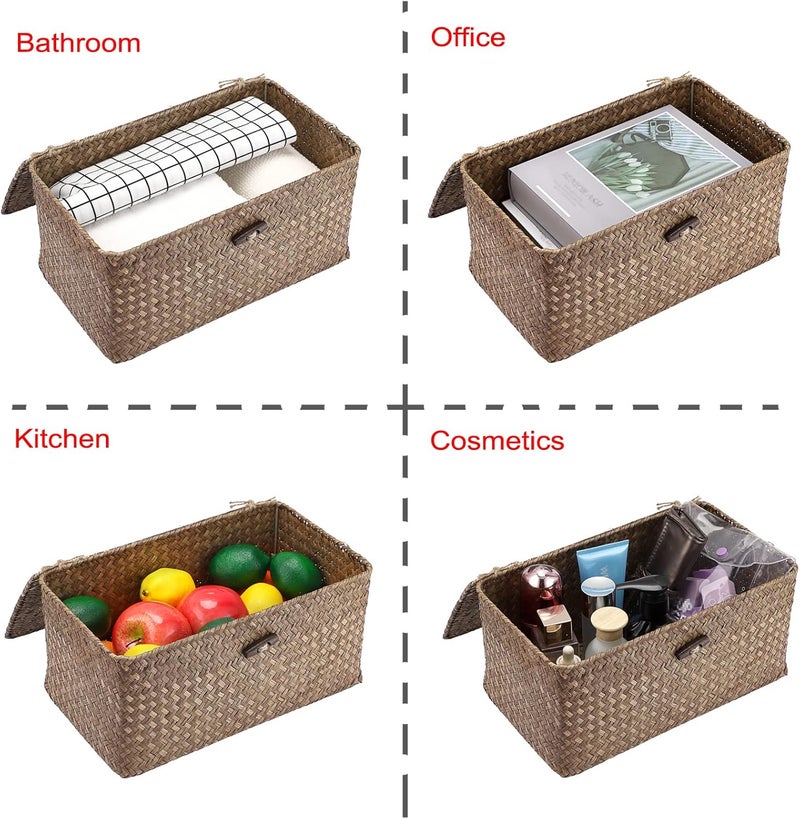 Hipiwe Wicker Shelf Baskets Bin with Lid, Handwoven Seagrass Basket Storage Bins Rectangular Household Basket Boxes for Shelf Wardrobe Home Organizer, Coffee Medium - Image 5