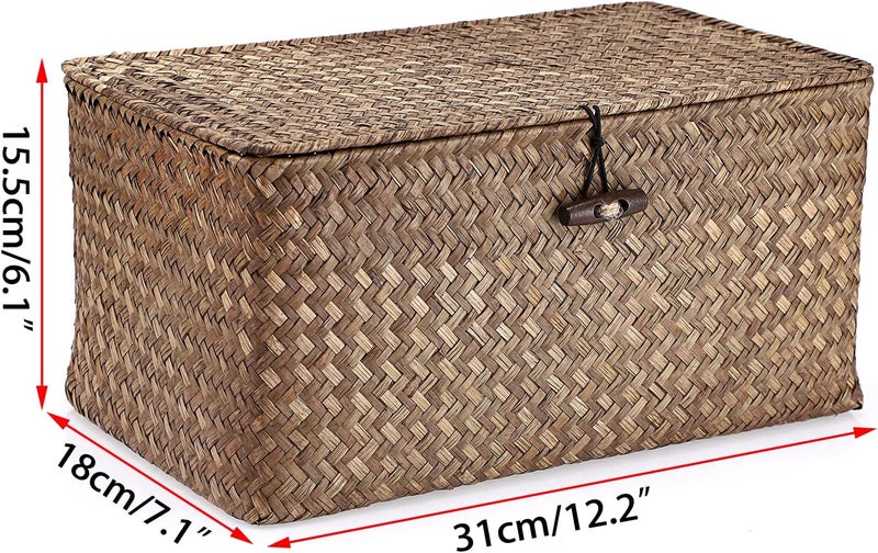 Hipiwe Wicker Shelf Baskets Bin with Lid, Handwoven Seagrass Basket Storage Bins Rectangular Household Basket Boxes for Shelf Wardrobe Home Organizer, Coffee Medium - Image 4