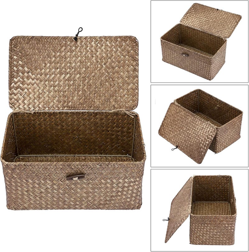 Hipiwe Wicker Shelf Baskets Bin with Lid, Handwoven Seagrass Basket Storage Bins Rectangular Household Basket Boxes for Shelf Wardrobe Home Organizer, Coffee Medium - Image 3