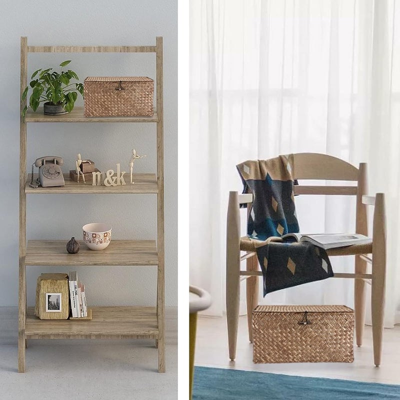 Hipiwe Wicker Shelf Baskets Bin with Lid, Handwoven Seagrass Basket Storage Bins Rectangular Household Basket Boxes for Shelf Wardrobe Home Organizer, Coffee Medium - Image 2