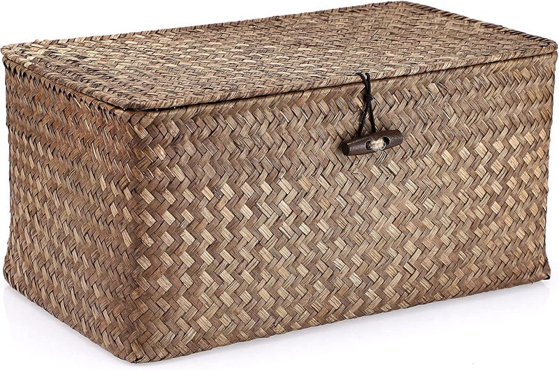Hipiwe Wicker Shelf Baskets Bin with Lid, Handwoven Seagrass Basket Storage Bins Rectangular Household Basket Boxes for Shelf Wardrobe Home Organizer, Coffee Medium - Image 1