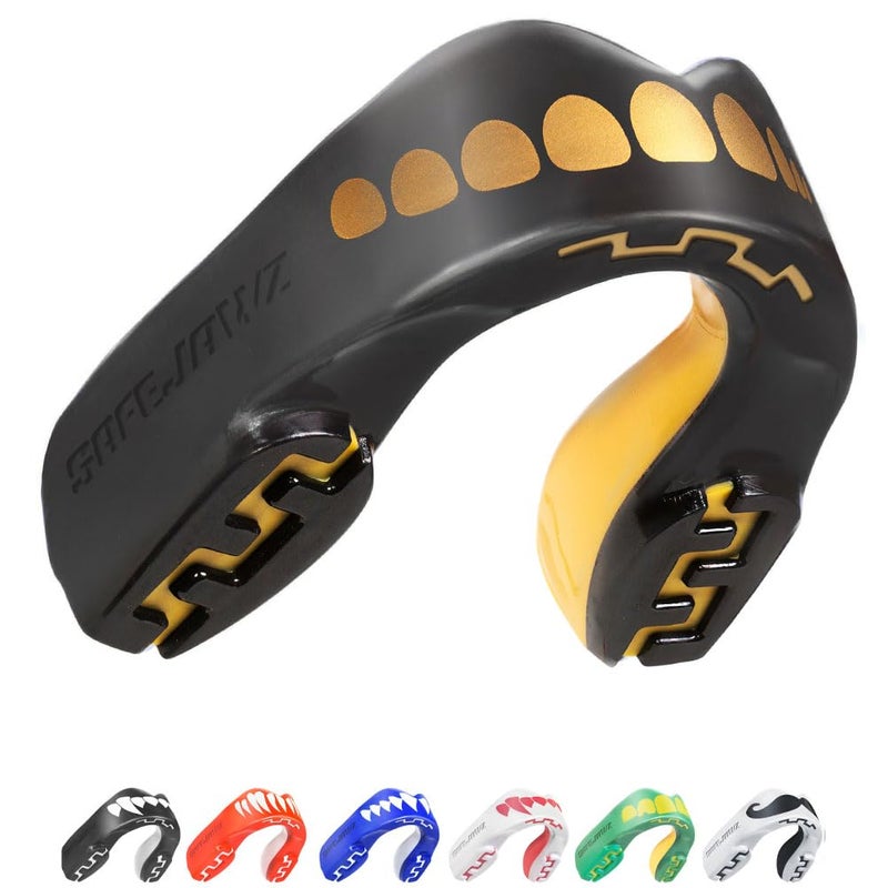 SafeJawz Sports Mouthguard, Dual Layer Premium Protection Mouth Guard with Case for Boxing, Basketball, Lacrosse, Football, Martial Arts, Hockey and All Contact Sports (Adult 12+ Years, Goldie) - Image 1