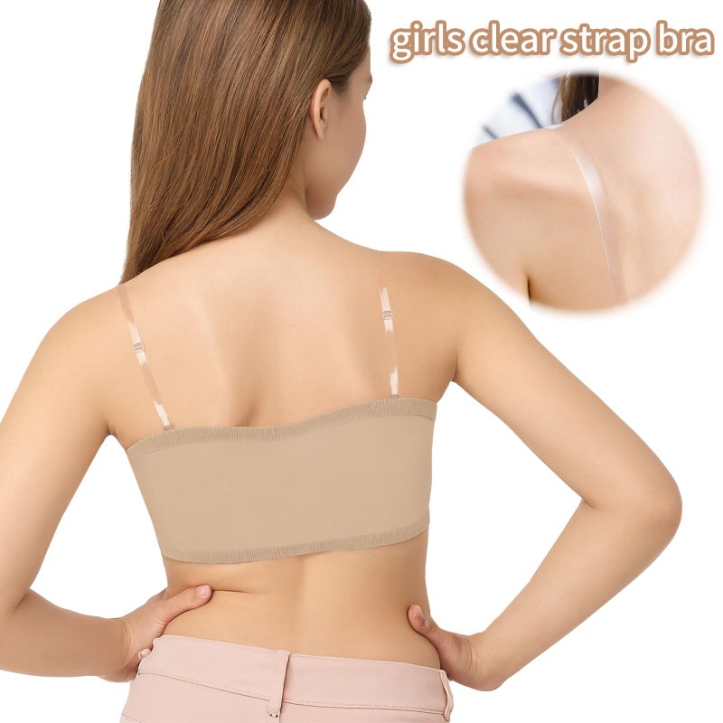 iMucci Girls Bandeau Bra Seamless Clear Strap Bra Training Bras for Girls Sports Tube Top with 2 Pairs Adjustable Clear Straps and White Strap 7-16Y - Image 3
