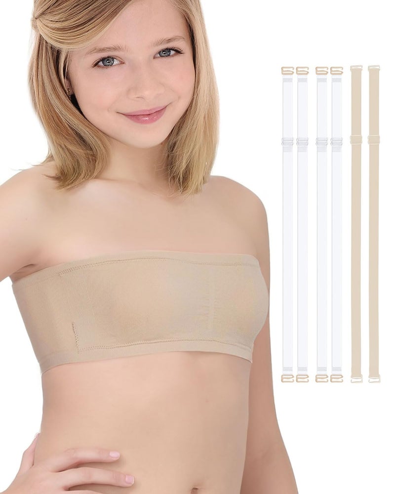 iMucci Girls Bandeau Bra Seamless Clear Strap Bra Training Bras for Girls Sports Tube Top with 2 Pairs Adjustable Clear Straps and White Strap 7-16Y - Image 1