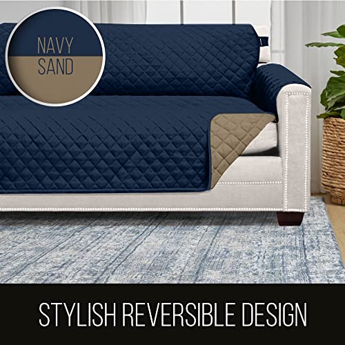Sofa Shield Couch Slip Cover with Patented Strap, Cushion Protector, US Designed Reversible Stain and Dog Tear Resistant Slipcover, 70 inch Seat, Washable Covers for Dogs Pets, Navy Sand - Image 5