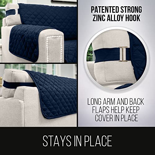 Sofa Shield Couch Slip Cover with Patented Strap, Cushion Protector, US Designed Reversible Stain and Dog Tear Resistant Slipcover, 70 inch Seat, Washable Covers for Dogs Pets, Navy Sand - Image 4