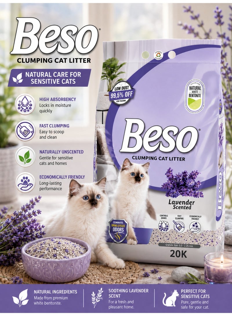 Premium Lavender Scented Clumping Cat Litter 20KG Bag, Natural White Bentonite with 99.5% Low Dust Formula for Superior Odor Control and Fast Clumping Action
