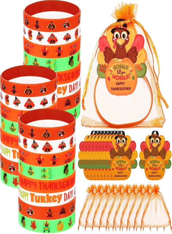 Liliful 72 Pcs Thanksgiving Fall Party Favors for Kids 24 Set Turkey Silicone Wristbands with Gift Tags and Organza Bags Thanksgiving Friendsgiving Goodie Bags for Classroom Students(Turkey Style) - Image 1