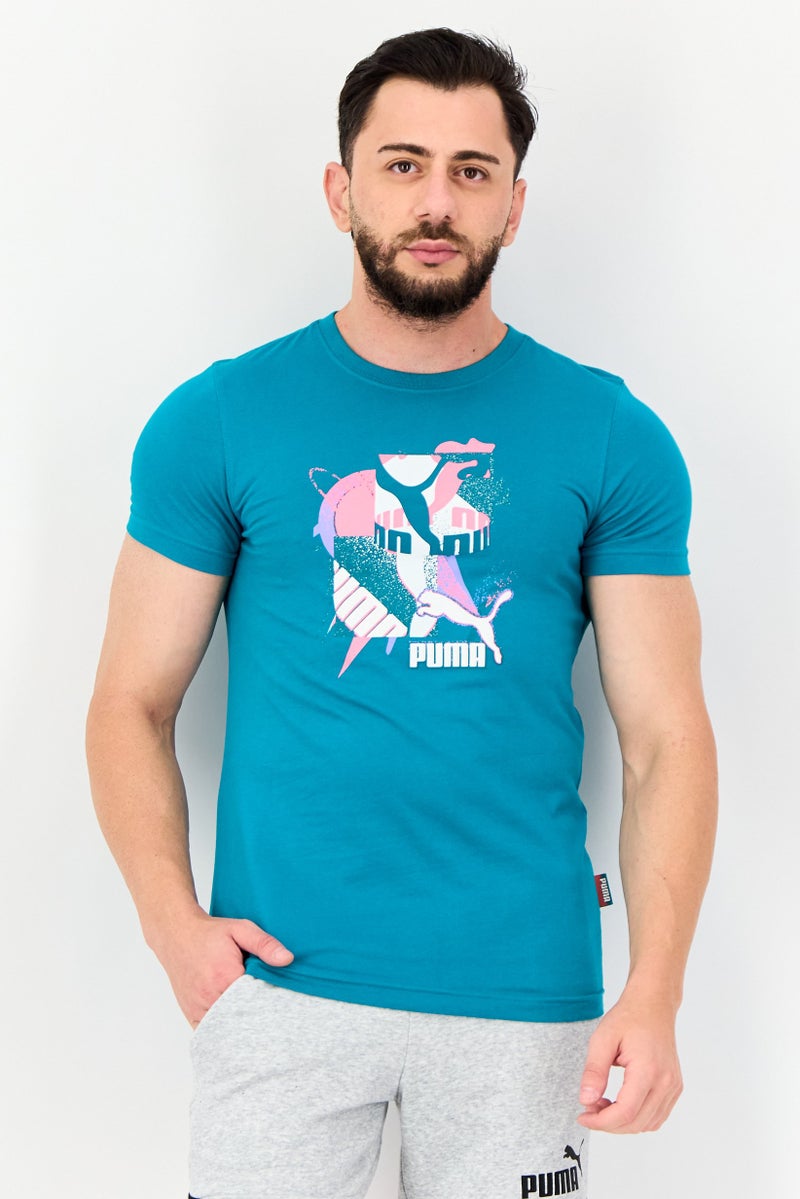 PUMA تي شيرت رجالي بقصة ضيقة بأكمام قصيرة، تركواز - Image 1