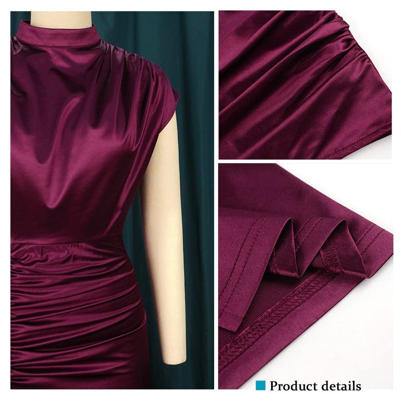 AOMEI Women's Sleeveless Pleated High Waist Ruched Slit Slim Elegant Long Satin Dress (Wine,M) - Image 5
