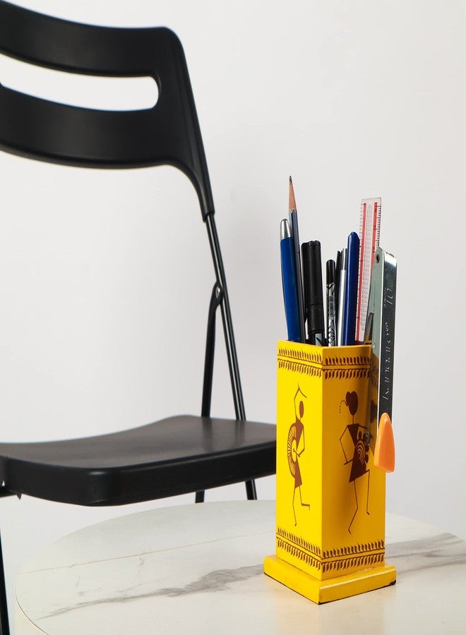 Tzafrir Pen Stand for Study Table, Pencil Stand Wooden for OfficeTable Accessories Desktop Makers Staplers and Other Stationery Items Spoon & Fork Holder in Kitchen/Dinning - Yellow - Image 5