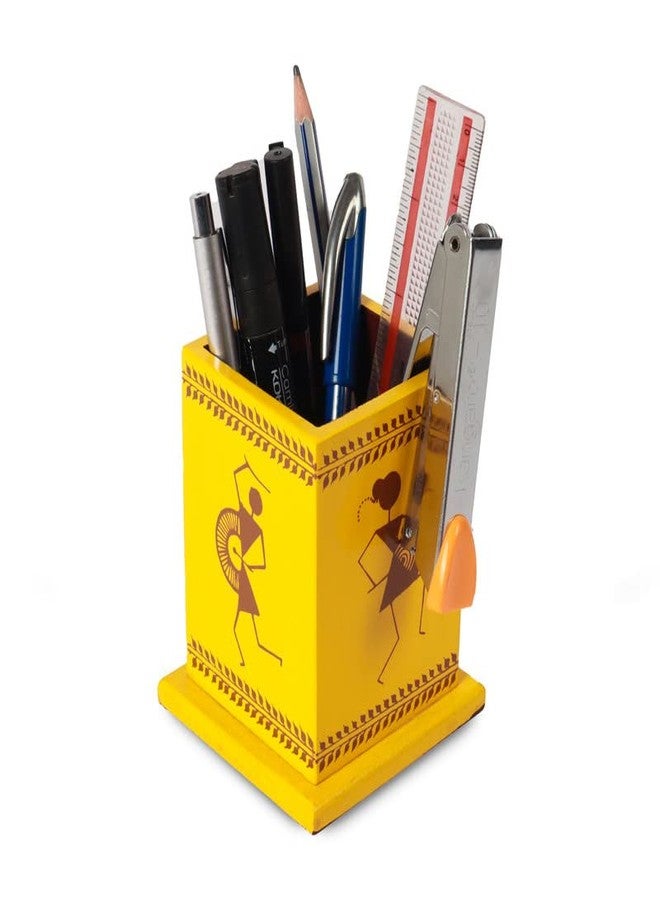Tzafrir Pen Stand for Study Table, Pencil Stand Wooden for OfficeTable Accessories Desktop Makers Staplers and Other Stationery Items Spoon & Fork Holder in Kitchen/Dinning - Yellow - Image 1