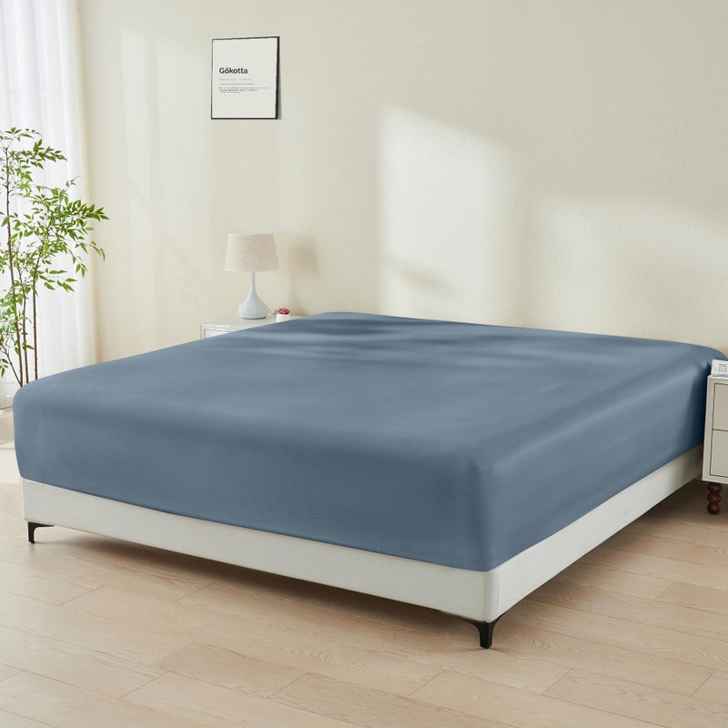 GOKOTTA Fitted Sheet Only  16 Inch Pocket Bamboo Rayon Fitted Sheet Super Soft and Cooling Bottom Sheet with 4 Elastic Corner StrapsBlue King Size