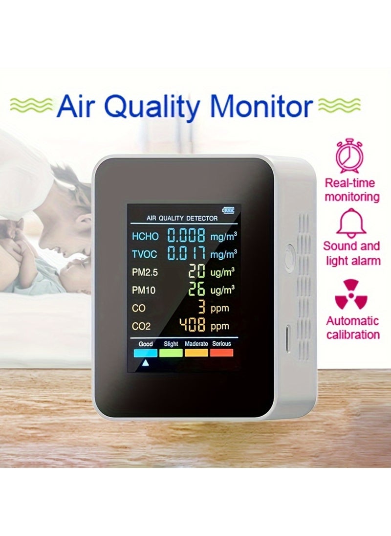 Verci - 1pc 6-in-1 Premium Air Quality Monitor - Accurate CO2, CO, PM2.5, PM10, HCHO, TVOC Detector with Large LCD Display, Real-Time Gas Analyzer, and Advanced CO2 Sensor Technology for Home and Office Use - Image 1