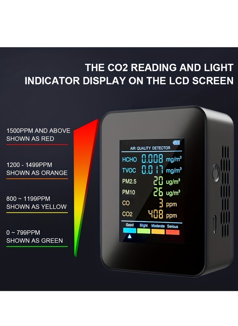 Verci - 1pc 6-in-1 Premium Air Quality Monitor - Accurate CO2, CO, PM2.5, PM10, HCHO, TVOC Detector with Large LCD Display, Real-Time Gas Analyzer, and Advanced CO2 Sensor Technology for Home and Office Use - Image 1