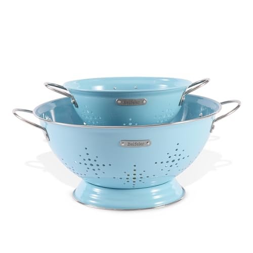 BeFare Metal Colander 2 Pack, Strainer Bowel with Handles 2Qt & 6Qt Powder Coated Solid Ring Base Heavey Duty Kitchen Drainer Basket for Pasta Veggies and Fruits,New Home Apartment Essentials (ArcticBlue) - Image 1