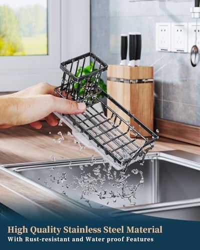 Consumest Sponge Holder for Kitchen Sink - Kitchen Sink Caddy Organizer with Removable Drip Tray for Countertop Dish Soap Dispenser Brush Storage Accessories 304 Stainless Steel - Black - Image 5